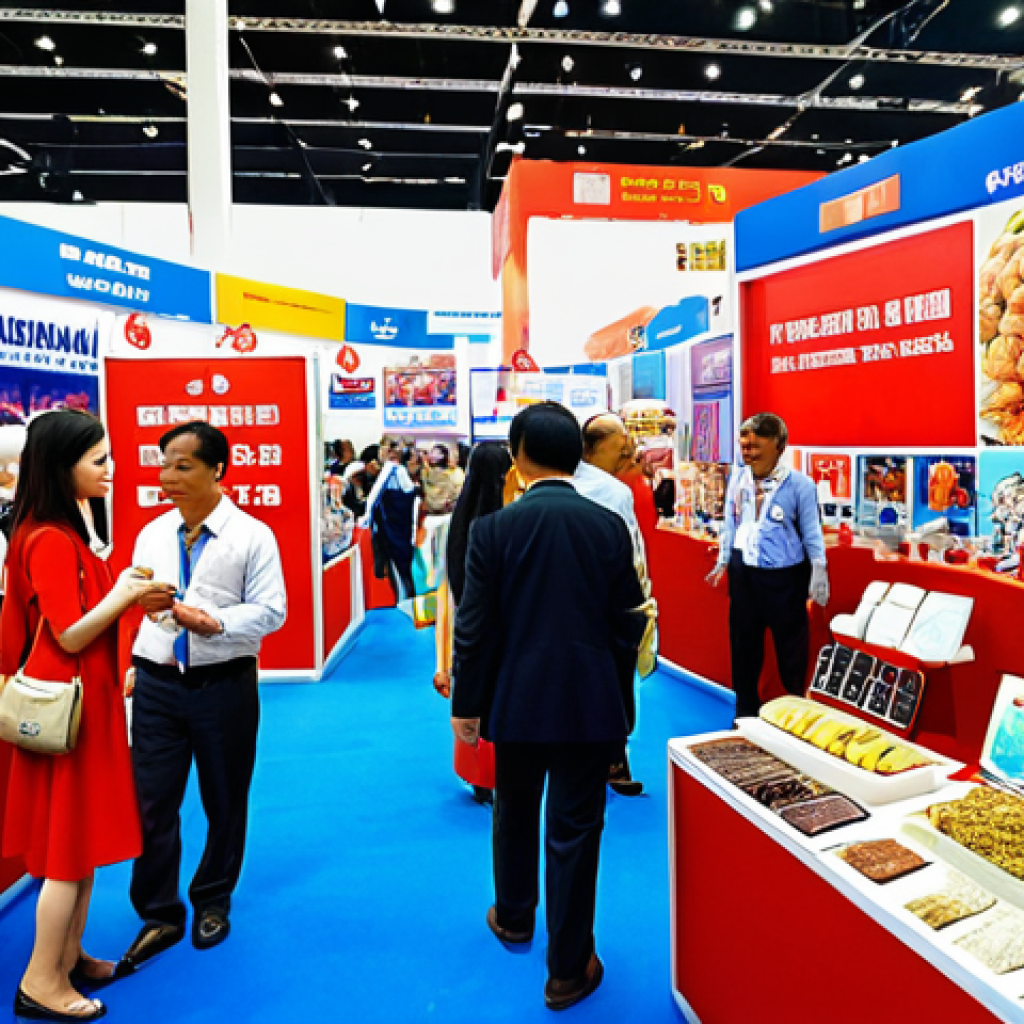 **A bustling international trade expo in Vietnam:** Focus on a vibrant scene with people from different countries interacting, displaying diverse products and negotiating deals. Showcase modern booths, Vietnamese cultural elements subtly incorporated into the background, and signage in both Vietnamese and English.
