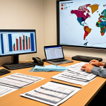 A busy international trade office. Professionals meticulously review and manage stacks of complex import/export documents (invoices, packing lists, bills of lading, customs declarations). Some are interacting with digital customs systems on computers. In the background, a global map subtly shows interconnected shipping routes with container ships, symbolizing the intricate flow of goods. The image should convey precision, organization, and the critical nature of paperwork in global logistics.