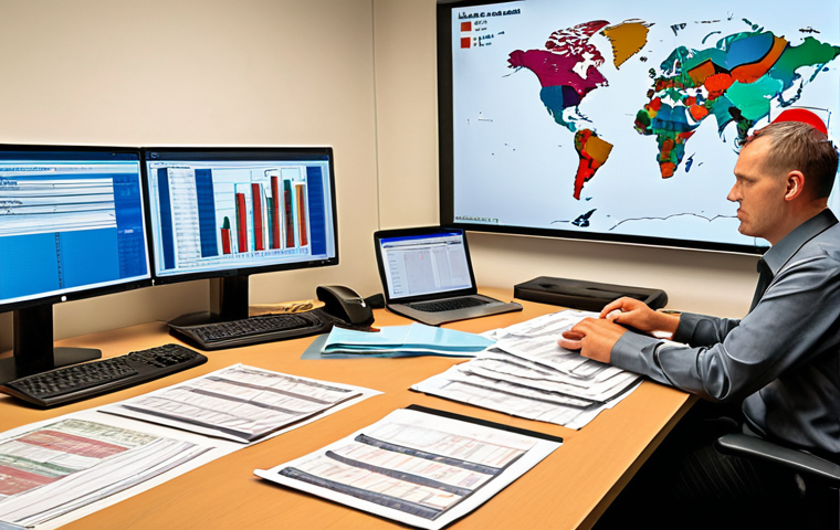 A busy international trade office. Professionals meticulously review and manage stacks of complex import/export documents (invoices, packing lists, bills of lading, customs declarations). Some are interacting with digital customs systems on computers. In the background, a global map subtly shows interconnected shipping routes with container ships, symbolizing the intricate flow of goods. The image should convey precision, organization, and the critical nature of paperwork in global logistics.