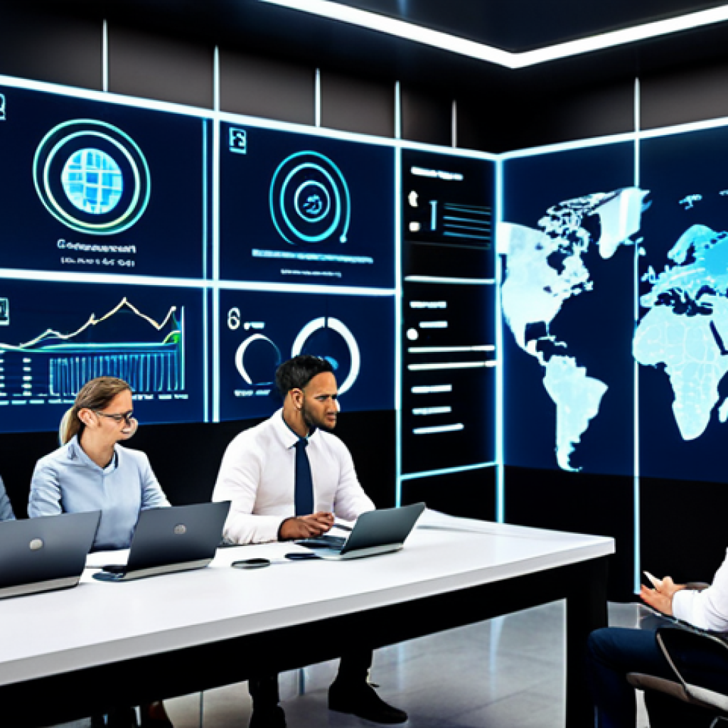 A professional image depicting the essence of digital transformation in global trade. A diverse group of business professionals in fully clothed, modest business attire are collaborating around advanced holographic interfaces and large transparent screens displaying dynamic global supply chain data, real-time cross-border e-commerce analytics, and AI-driven insights. The modern, high-tech office environment features sleek design, ambient lighting, and subtle abstract representations of global network connectivity. The focus is on innovation, efficiency, and technological integration. This image features perfect anatomy, correct proportions, natural poses, well-formed hands, and proper finger count. It is safe for work, appropriate content, and family-friendly.