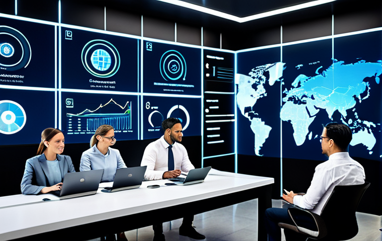 A professional image depicting the essence of digital transformation in global trade. A diverse group of business professionals in fully clothed, modest business attire are collaborating around advanced holographic interfaces and large transparent screens displaying dynamic global supply chain data, real-time cross-border e-commerce analytics, and AI-driven insights. The modern, high-tech office environment features sleek design, ambient lighting, and subtle abstract representations of global network connectivity. The focus is on innovation, efficiency, and technological integration. This image features perfect anatomy, correct proportions, natural poses, well-formed hands, and proper finger count. It is safe for work, appropriate content, and family-friendly.