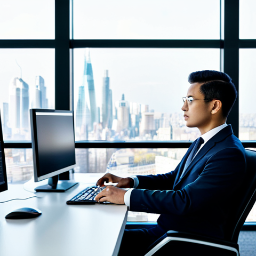A highly focused male international trade analyst in a crisp, modest business suit, fully clothed, appropriate attire, professional dress. He is seated at a sleek, minimalist desk in a bright, modern open-plan office with large windows overlooking a city skyline. Multiple computer monitors on the desk display complex data visualizations, global market trends, and interactive world maps. One hand is on a mouse, the other gestures towards a screen. Professional photography, high detail, realistic lighting, soft shadows, perfect anatomy, correct proportions, natural pose, well-formed hands, proper finger count, natural body proportions, safe for work, appropriate content, fully clothed, professional, modest.