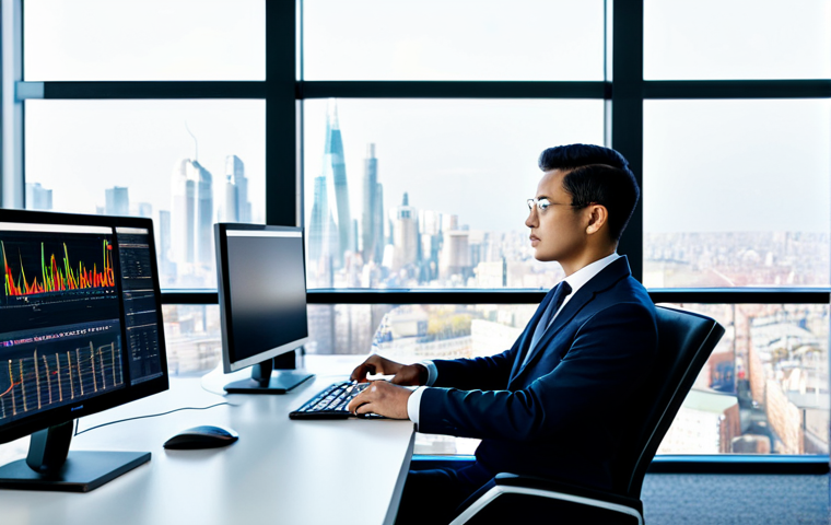 A highly focused male international trade analyst in a crisp, modest business suit, fully clothed, appropriate attire, professional dress. He is seated at a sleek, minimalist desk in a bright, modern open-plan office with large windows overlooking a city skyline. Multiple computer monitors on the desk display complex data visualizations, global market trends, and interactive world maps. One hand is on a mouse, the other gestures towards a screen. Professional photography, high detail, realistic lighting, soft shadows, perfect anatomy, correct proportions, natural pose, well-formed hands, proper finger count, natural body proportions, safe for work, appropriate content, fully clothed, professional, modest.