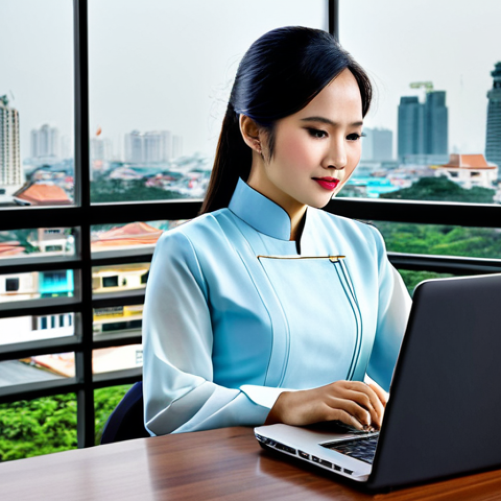 **

"A confident Vietnamese businesswoman in a modern Ao Dai (traditional dress), fully clothed and appropriate attire, working on a laptop at a sleek desk with a view of Ho Chi Minh City skyline in the background, safe for work, perfect anatomy, natural proportions, professional corporate portrait, high quality."

**