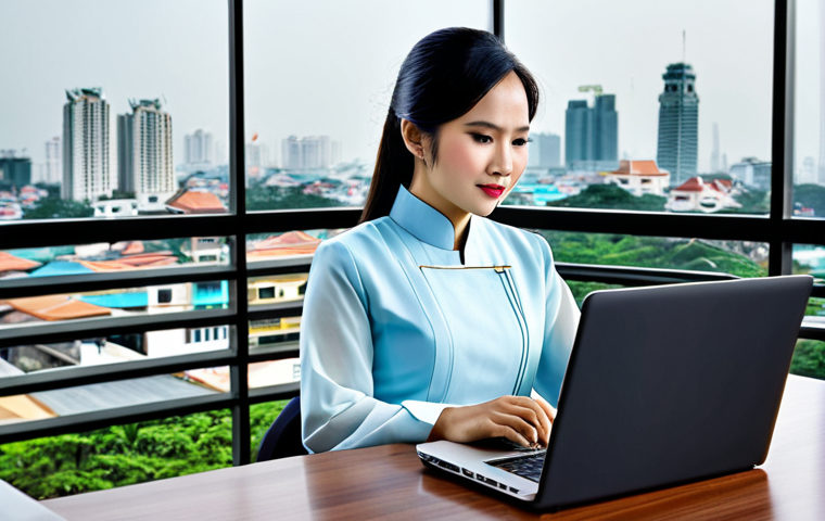 **

"A confident Vietnamese businesswoman in a modern Ao Dai (traditional dress), fully clothed and appropriate attire, working on a laptop at a sleek desk with a view of Ho Chi Minh City skyline in the background, safe for work, perfect anatomy, natural proportions, professional corporate portrait, high quality."

**