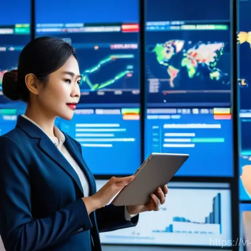 국제무역직무전문성 - **Prompt:** A dynamic, wide-angle shot of a Vietnamese female international trade expert in her late...