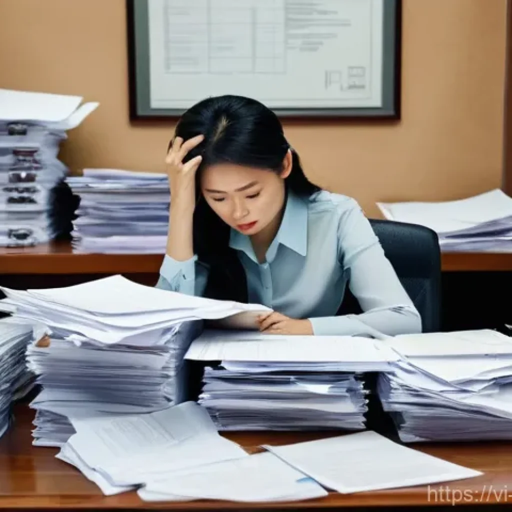 무역사무소프트웨어 - **Prompt 1: Overwhelmed by Paperwork**
    A realistic, high-detail image of a Vietnamese businesswo...