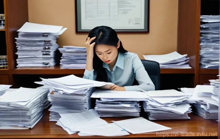 무역사무소프트웨어 - **Prompt 1: Overwhelmed by Paperwork**
    A realistic, high-detail image of a Vietnamese businesswo...