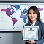 무역자격증시험과정 - **Prompt:** A young Vietnamese woman, in her late 20s, dressed in a sharp, modern business suit (wit...