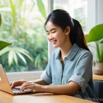 무역이직성공사례 - **Prompt:** A vibrant and modern scene in a bright, sunlit home office in Saigon, Vietnam. A cheerfu...