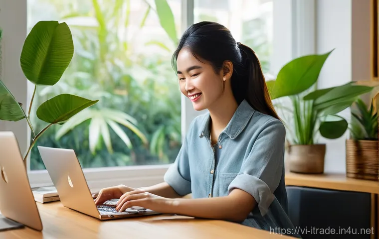 무역이직성공사례 - **Prompt:** A vibrant and modern scene in a bright, sunlit home office in Saigon, Vietnam. A cheerfu...