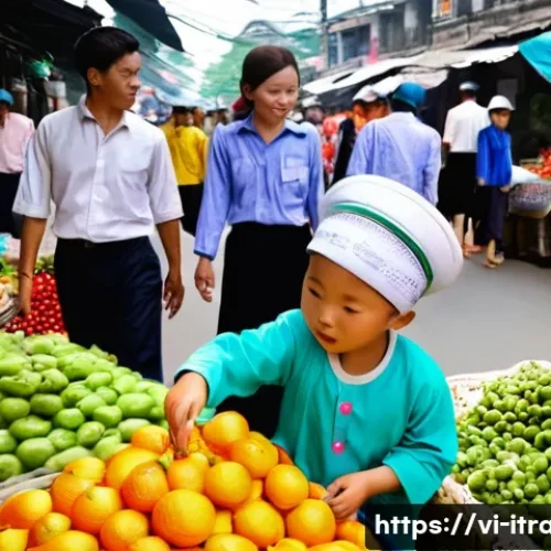 무역업무효율화기법 - **Prompt:** A bustling marketplace scene in Hanoi, Vietnam. Vendors in traditional Ao Dai are sellin...