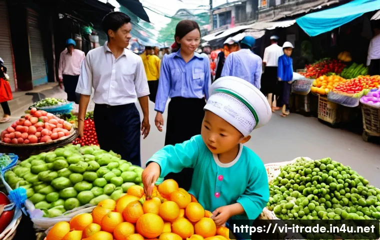 무역업무효율화기법 - **Prompt:** A bustling marketplace scene in Hanoi, Vietnam. Vendors in traditional Ao Dai are sellin...