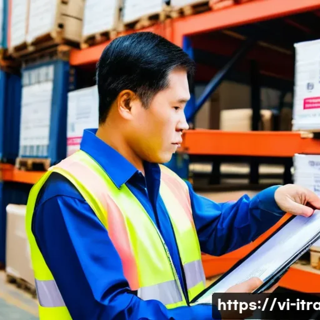 무역관리프로세스 - A professional Vietnamese customs officer at a busy international port warehouse, meticulously inspe...
