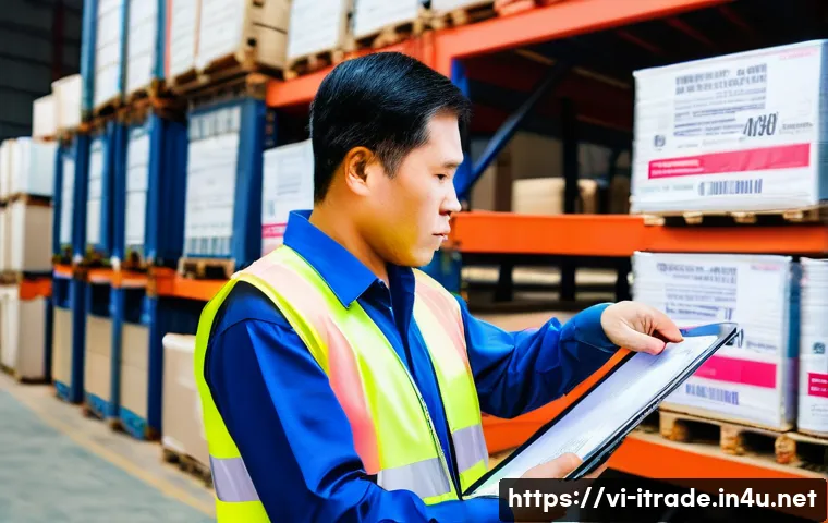 무역관리프로세스 - A professional Vietnamese customs officer at a busy international port warehouse, meticulously inspe...