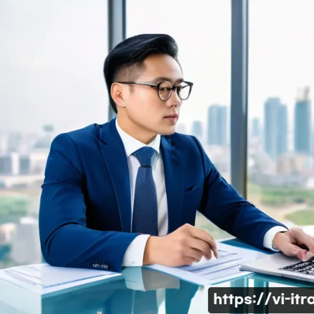 무역전문가이력서 - A professional Vietnamese international trade expert in a modern office setting, dressed in formal b...
