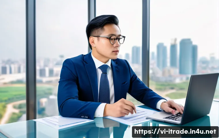 무역전문가이력서 - A professional Vietnamese international trade expert in a modern office setting, dressed in formal b...