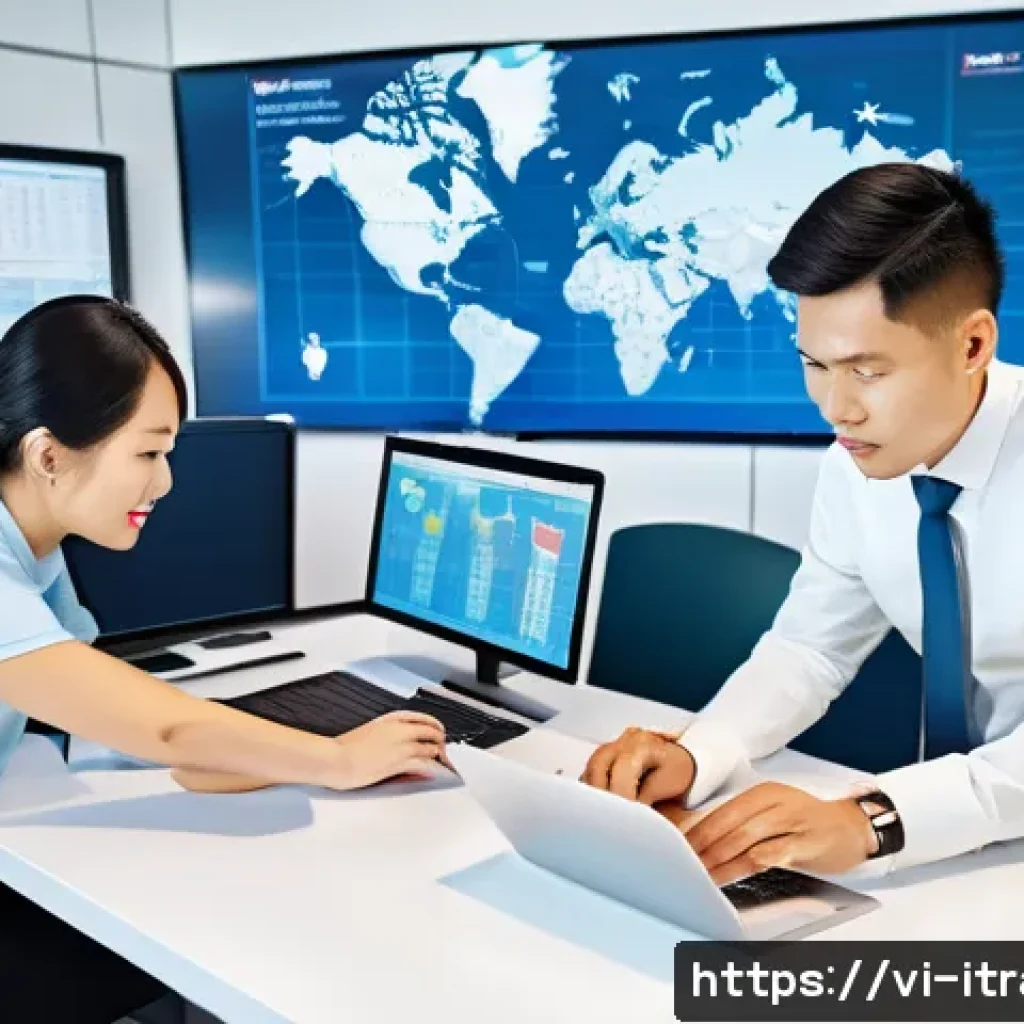 무역업계진로 - A modern Vietnamese logistics office scene showing a diverse team of professionals collaborating aro...