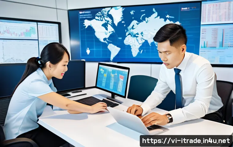 무역업계진로 - A modern Vietnamese logistics office scene showing a diverse team of professionals collaborating aro...