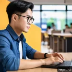 Home 21 국제무역분야이직 - A vibrant scene of a young Vietnamese entrepreneur working on a laptop at a modern co-working space,...