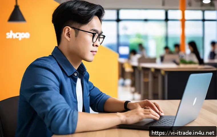 국제무역분야이직 - A vibrant scene of a young Vietnamese entrepreneur working on a laptop at a modern co-working space,...