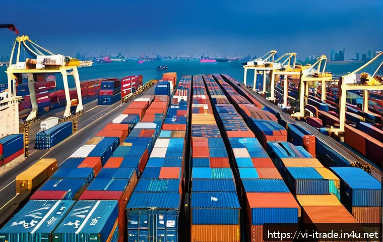무역사례분석방법 - A detailed scene of a busy international shipping port in Ho Chi Minh City, Vietnam, showing workers...