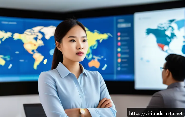 국제무역취업전략 - A professional Vietnamese young woman in business casual attire, confidently giving a presentation a...
