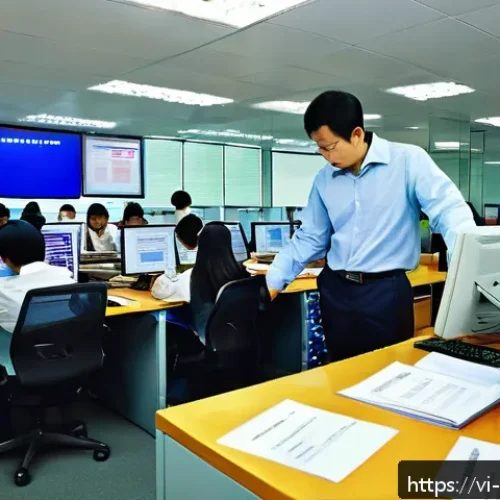 Home 17 무역업무연습 - A detailed scene of a busy Vietnamese export-import office with professionals preparing and reviewin...