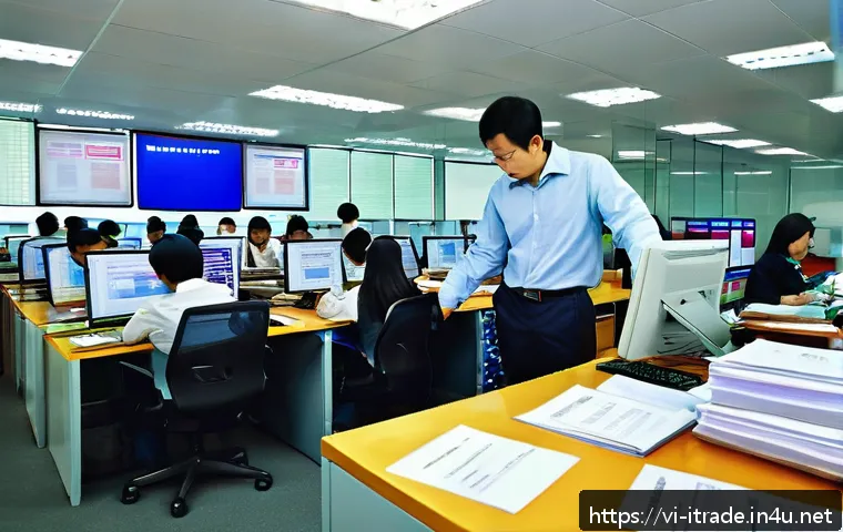 무역업무연습 - A detailed scene of a busy Vietnamese export-import office with professionals preparing and reviewin...