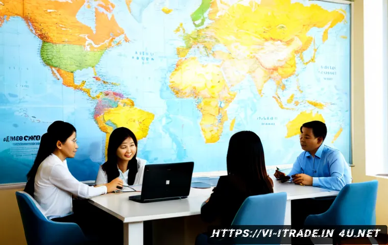 무역경쟁력강화방안 - Photorealistic modern Vietnamese export strategy meeting, diverse business professionals seated arou...